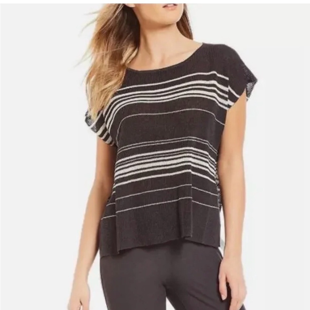 Eileen Fisher Graphite/Bone Fine Organic Linen Crepe top sz M